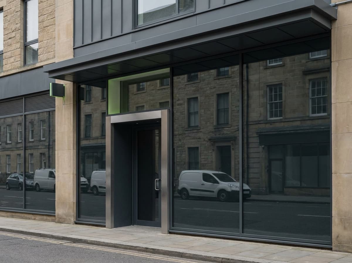 Commercial shopfront with a clean architectural window film finish