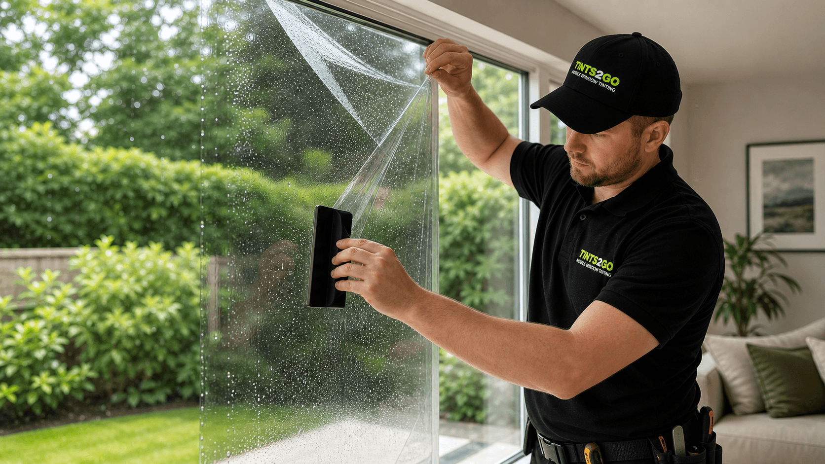 Tints2go residential window film installer applying film to a large home window.