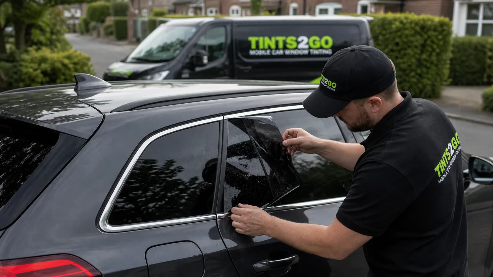 Tints2go branded mobile window tinting scene with a finished car and green brand accents.